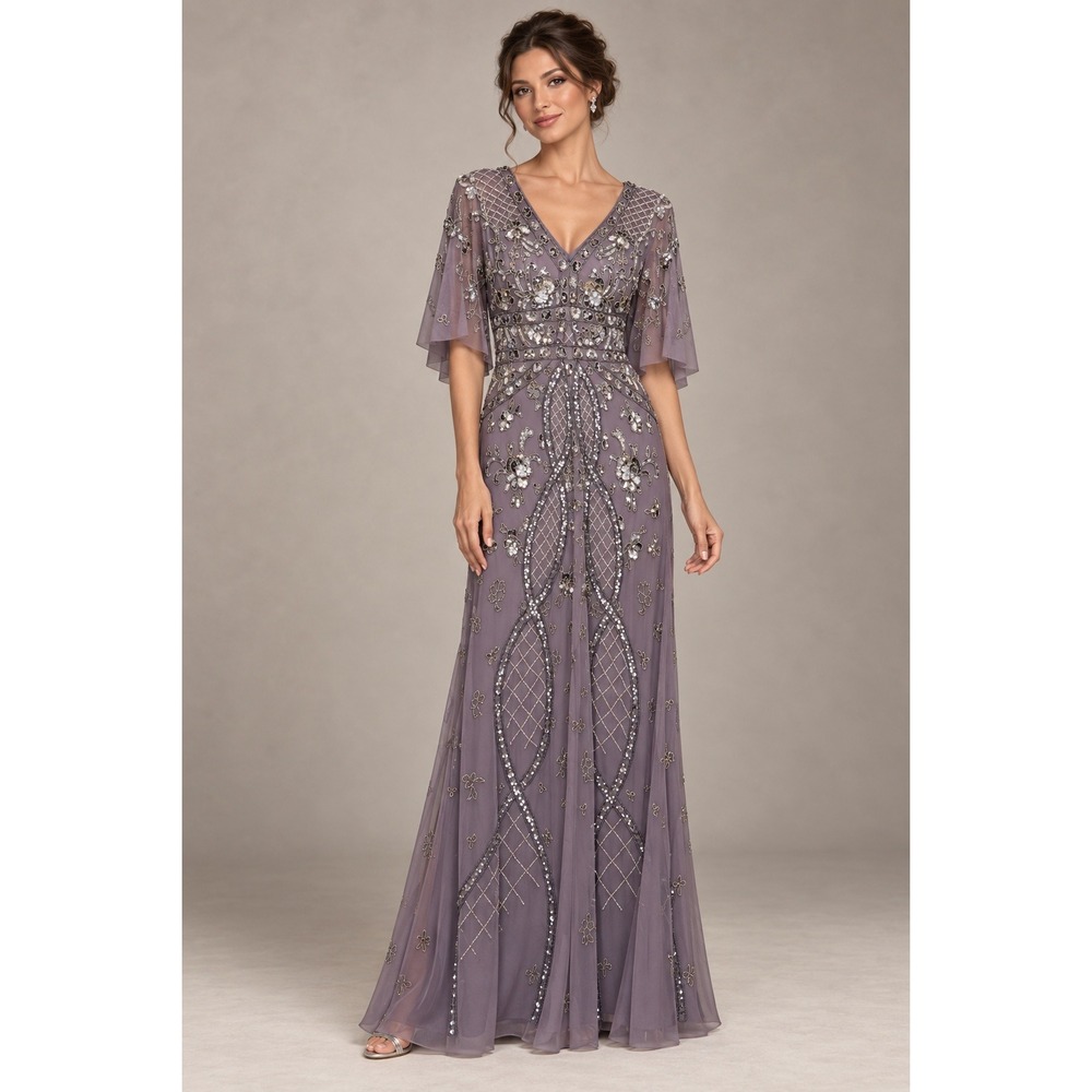 Adrianna Papell Beaded Gown Purple V-Neck Flutter Sleeve Maxi Dress Size 6 NWT